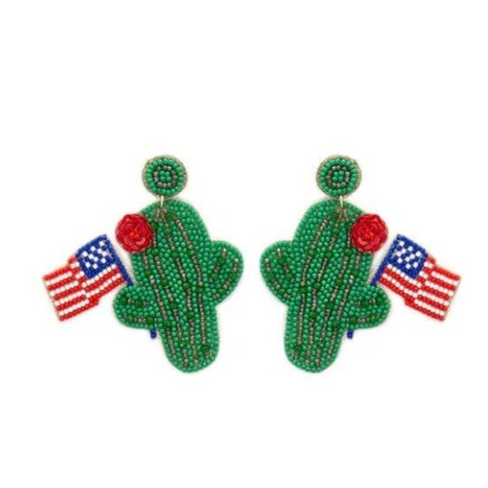 USA America 4th of July Americana Cactus w/ Rose & Flag Seed Bead Earrings